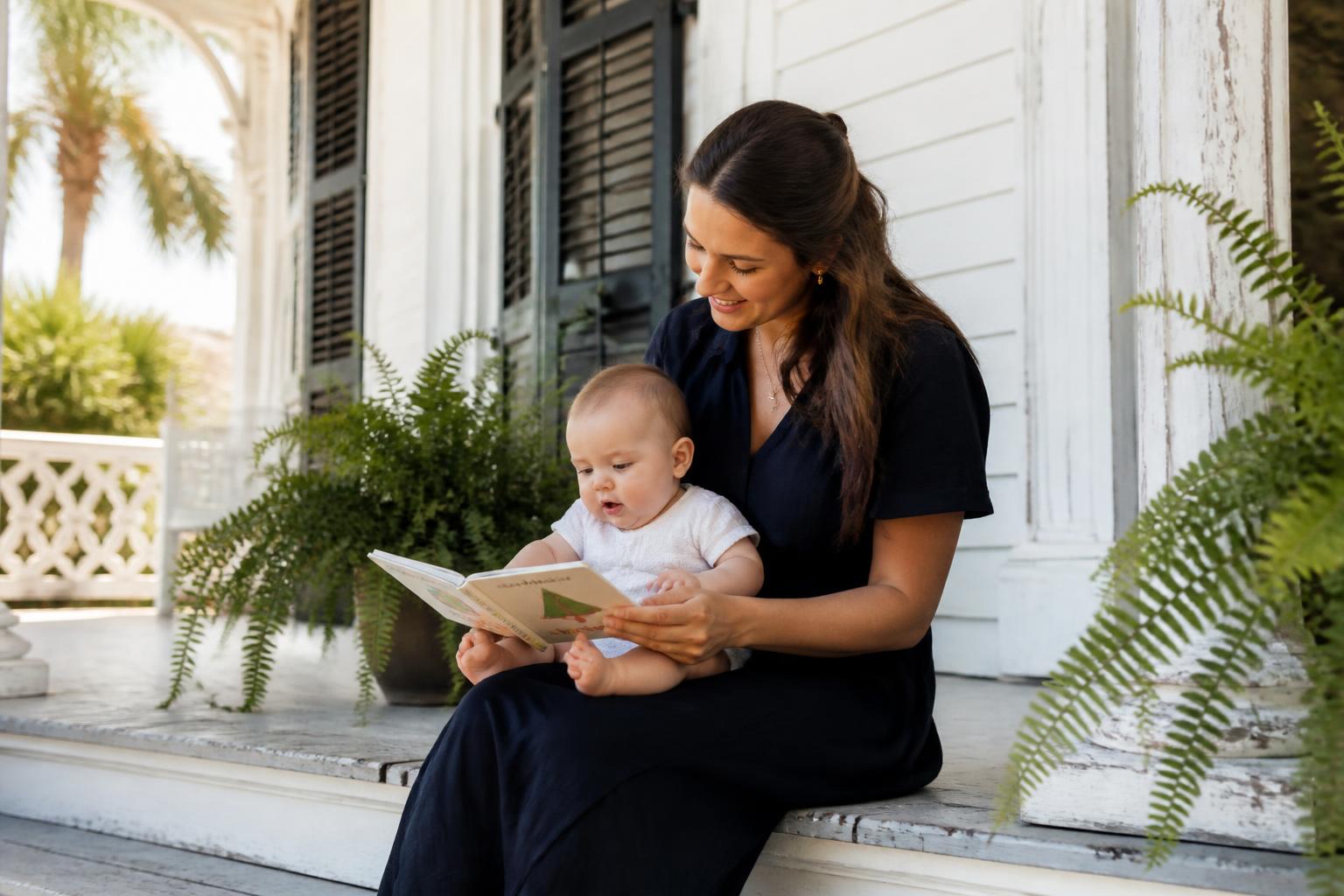 Nanny reading a board book with an infant on the porch of a historic Fernandina Beach home