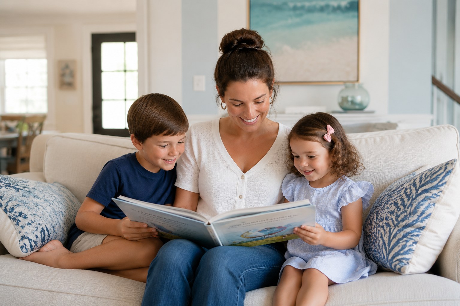 A Jacksonville nanny reading a storybook with two smiling children on a bright living room sofa