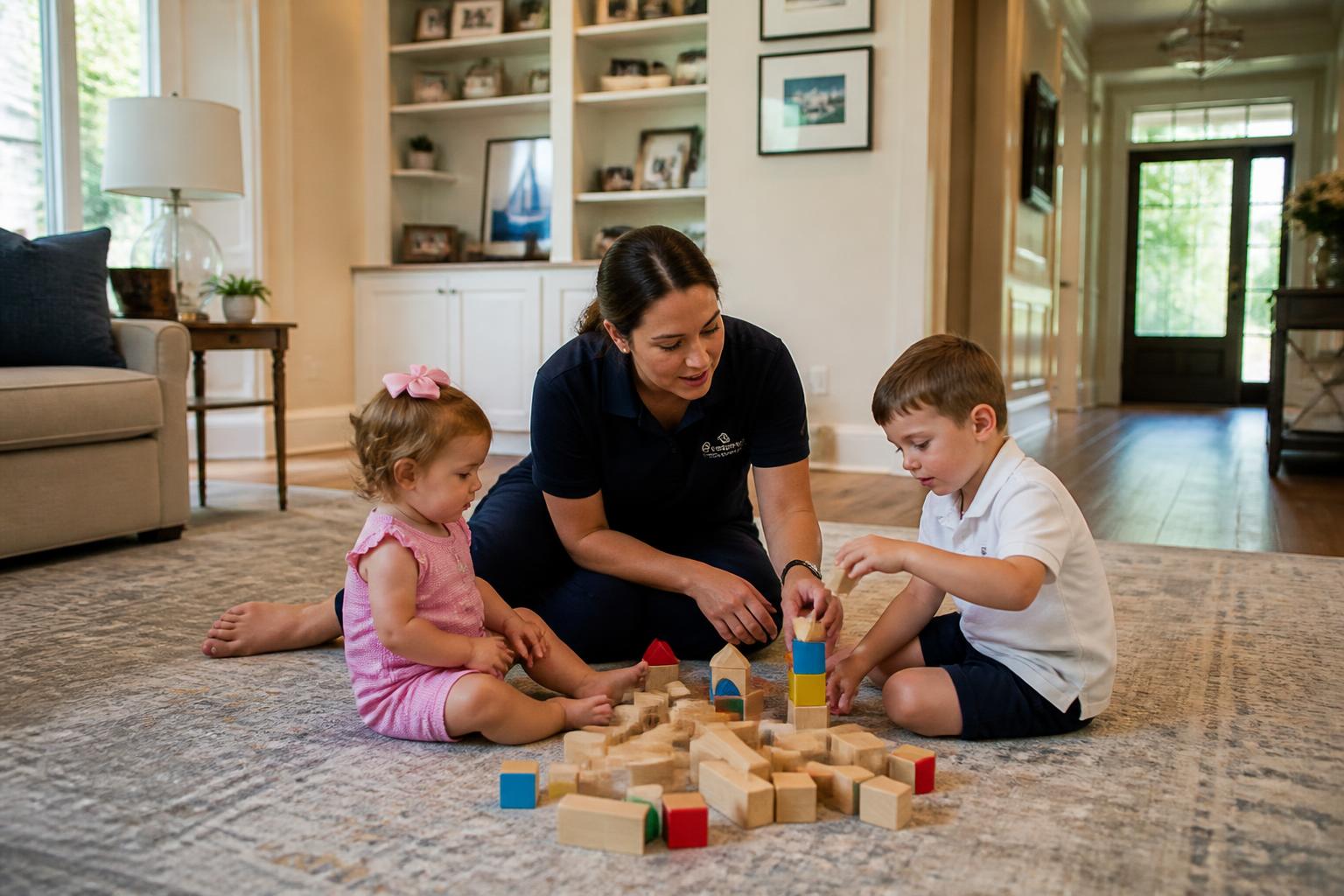Nanny building wooden blocks on the living room rug with a toddler and preschooler in a Jacksonville family home