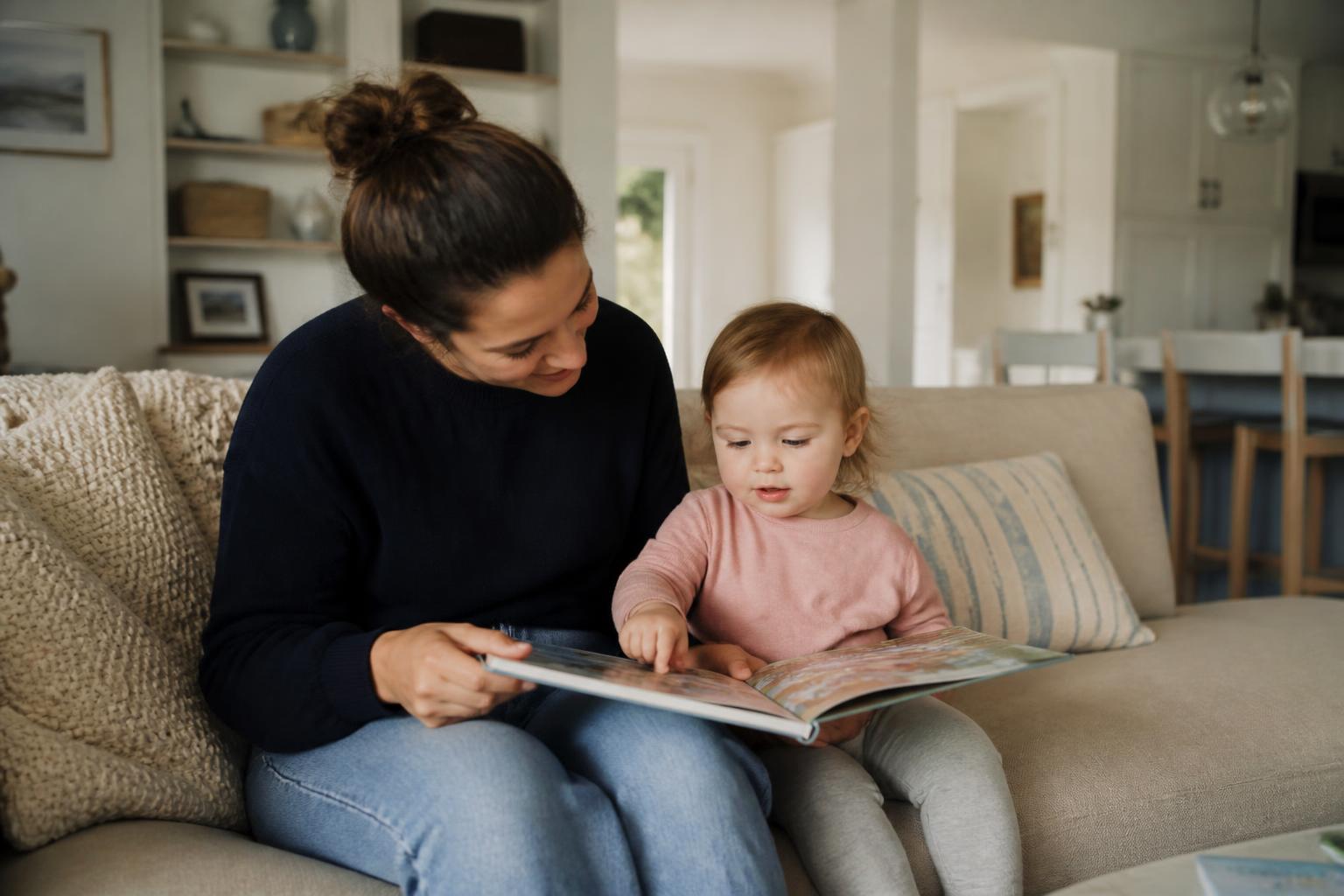 Nanny reading a picture book with a toddler on the sofa of a casual Neptune Beach home