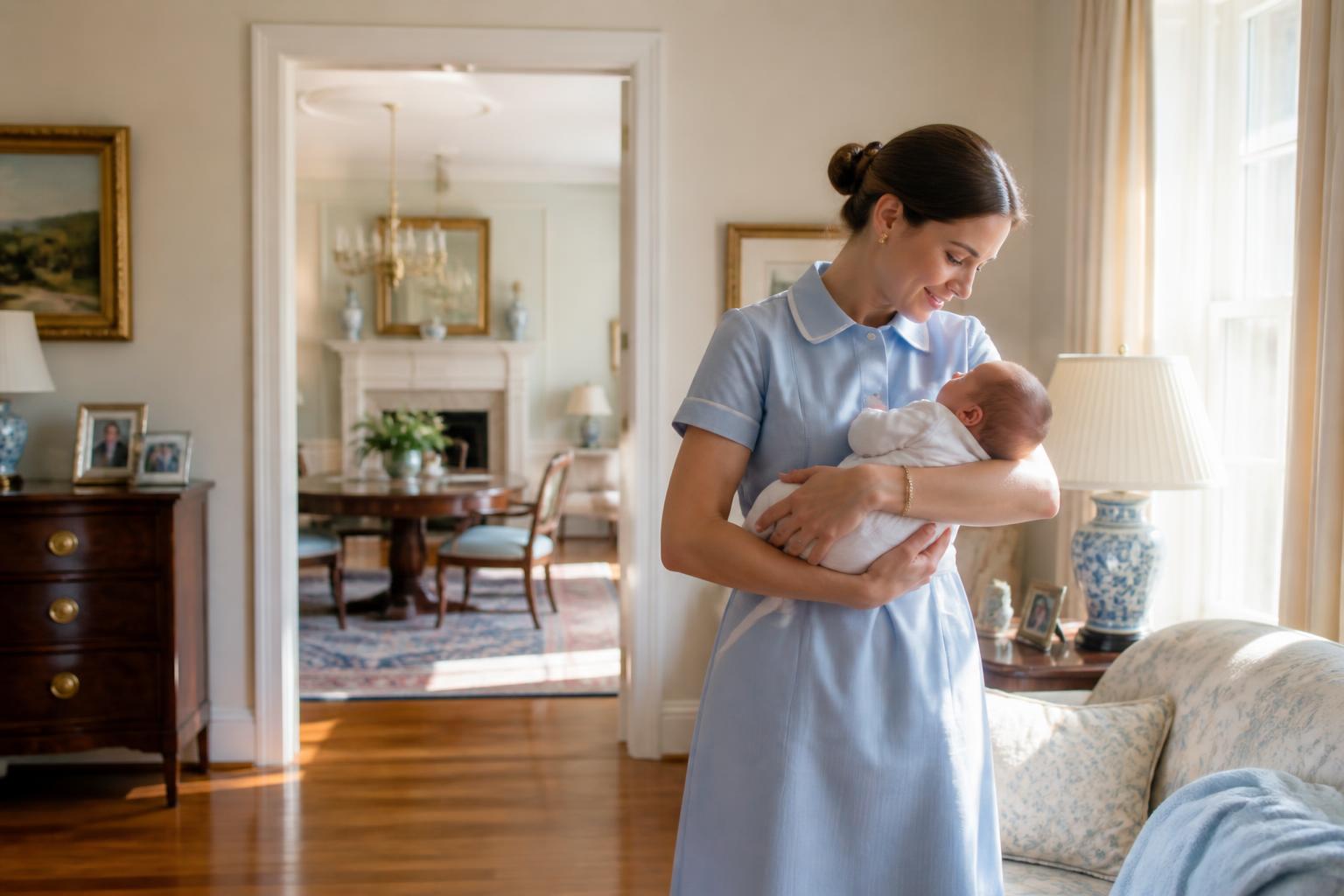 Nanny cradling a newborn beside a sunlit window in a traditional Ortega family home